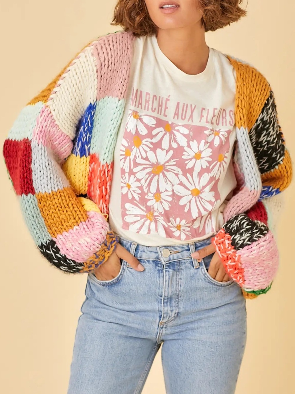 Polagram Multicolor Patchwork Chunky Open Knit Rainbow Sweater Cardigan Sz L